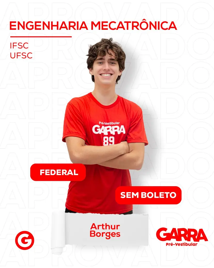 Card de aprovação de Arthur Borges: Engenharia Mecatrônica na IFSC