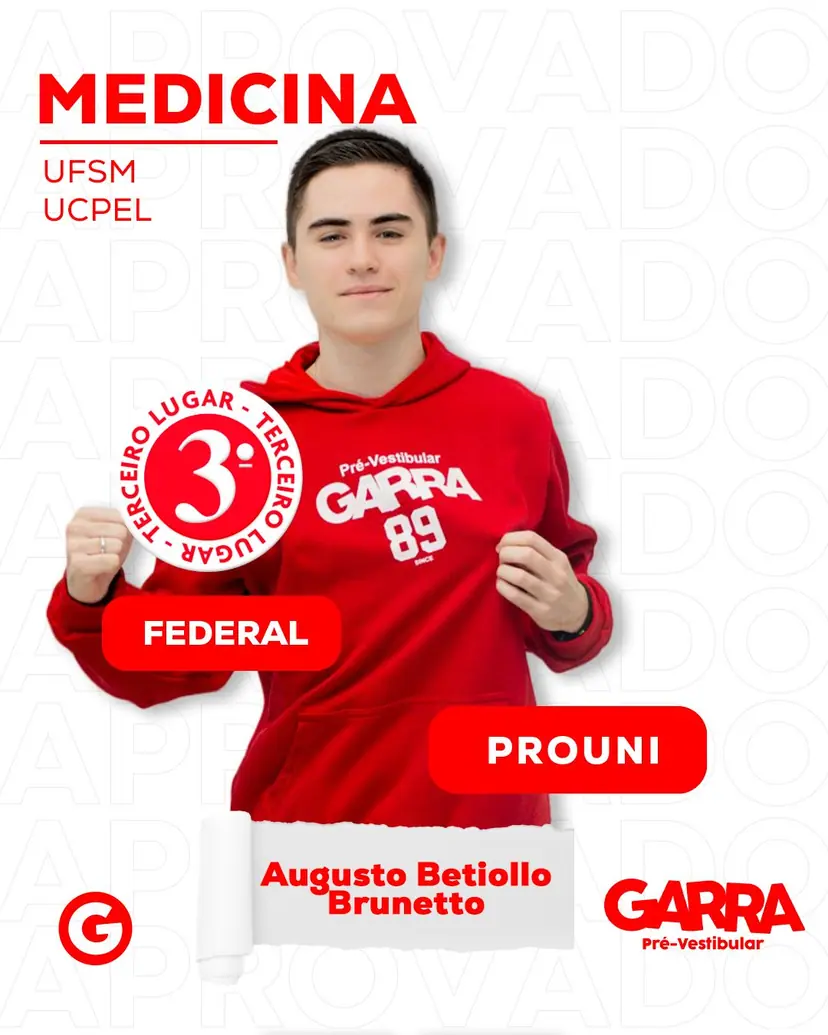 Card de aprovação de Augusto Betiollo Brunetto: Medicina na UCPEL